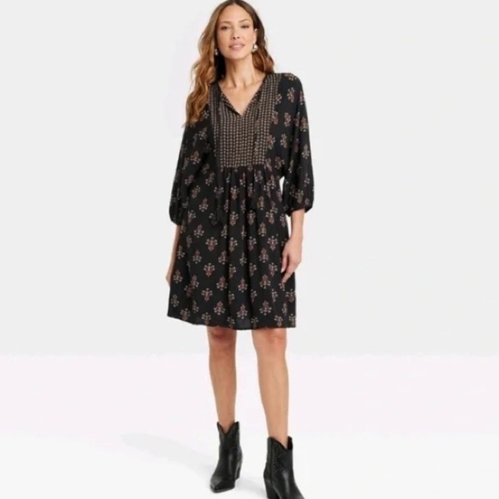 Knox Rose (XS) Bishop Dress- Black Boho Lightweight Dress: A-Line, Longsleeve
